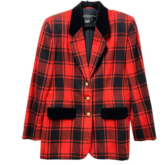 Vintage Adrienne Vittadini Plaid Long Blazer, Size 12, Black & Red,‎ Velvet Trim - Picture 1 of 11